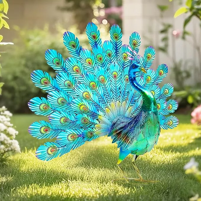 27-5-tall-metal-peacock-garden-statue-handmade-3d-textured-tail-spread-sculpture 27.5" Tall Metal Peacock Garden Statue - Handmade, 3D Textured, Tail Spread Sculptures for Patio, Garden or Entryway.