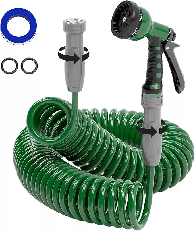 3-8-lightweight-coil-garden-hose-50-ft-eva-flexible-curly-water-pipes-with-6-pat 3/8" Lightweight Coil Garden Hose 50 FT, EVA Flexible Curly Water Pipes with 6-Pattern Spray Nozzle for Boat, Greenhouse, Yard, Patio, Green