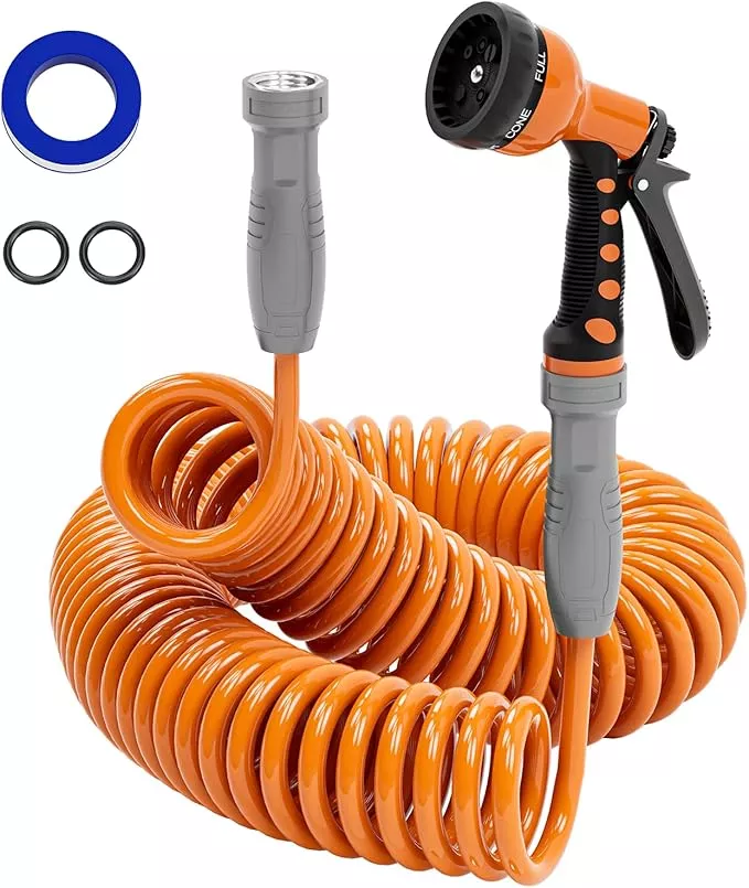 3-8-lightweight-coil-garden-hose-75-ft-eva-retractable-curly-water-pipe-with-6-p 3/8” Lightweight Coil Garden Hose 75 FT, EVA Retractable Curly Water Pipe with 6-Pattern Spray Nozzle for Boat, Greenhouse, Yard, Patio (Orange)