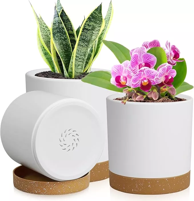 3 Pack 6/5/4 inch Cylindrical Flower Pots, Modern Small Round Plastic Plant Pots with Drainage Holes & Saucers, Clean and Refined Planter Pots for Outdoor, Indoor & Office Decor (Green Brown)