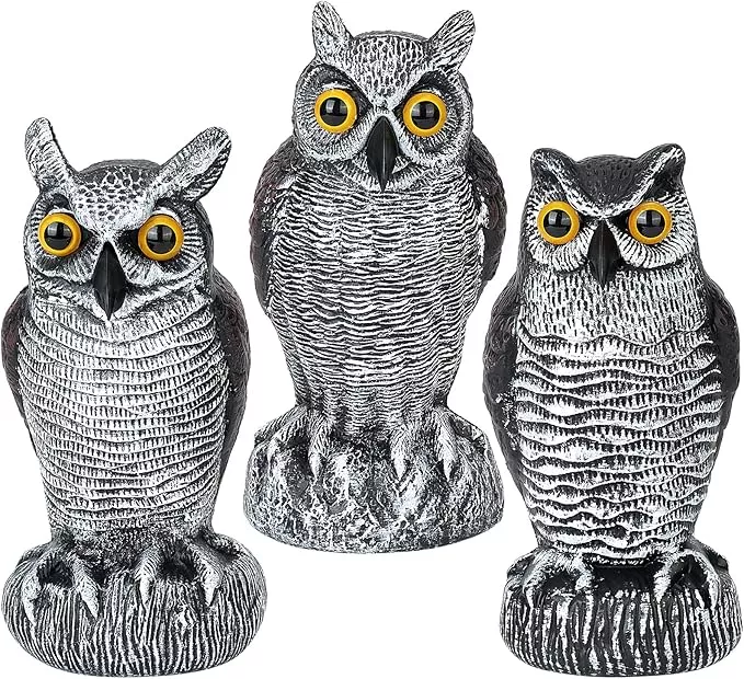 3-pack-owl-decoys-bird-deterrent-weatherproof-bird-repellent-devices-outdoor-use 3-Pack Owl Decoys for Bird Deterrent - Weatherproof Bird Repellent Devices for Outdoor Use - Plastic Owls to Scare Birds Away and Control Garden Pests