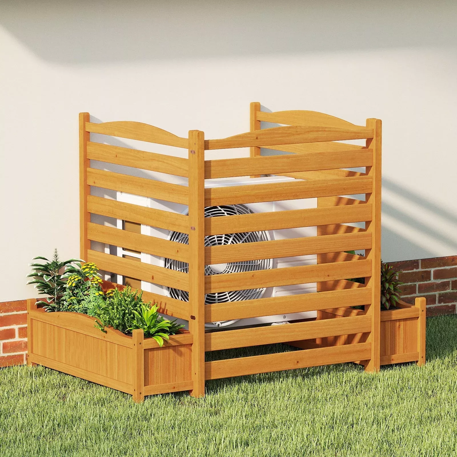 3-panel-wood-air-conditioner-fence-with-planter-box-freestanding-privacy-screen- 3-Panel Wood Air Conditioner Fence with Planter Box Freestanding Privacy Screen-Yellow