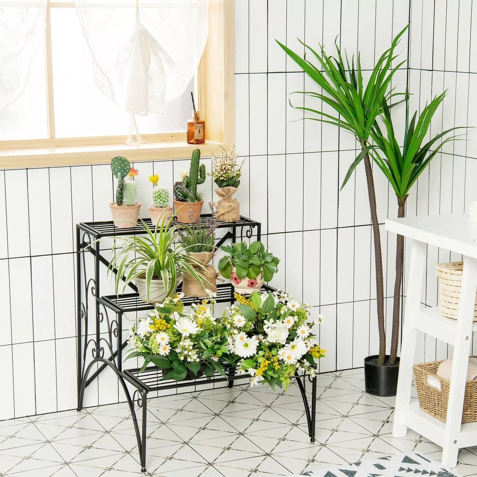 3-tier-metal-plant-stand-with-widened-grid-shelf-porch-garden-black 3-Tier Metal Plant Stand with Widened Grid Shelf for Porch Garden-Black