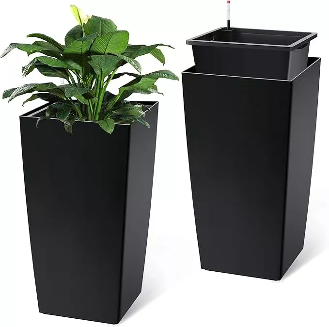 30-tall-planters-set-2-outdoor-indoor-black-planter-pots-high-front-porch-plante 30" Tall Planters Set of 2, Outdoor&Indoor Black Planter Pots, High Front Porch Planter Pots with Drainage Holes&Water Level Monitor Movable Wheels &Inner Bucket, Automatic Watering, White