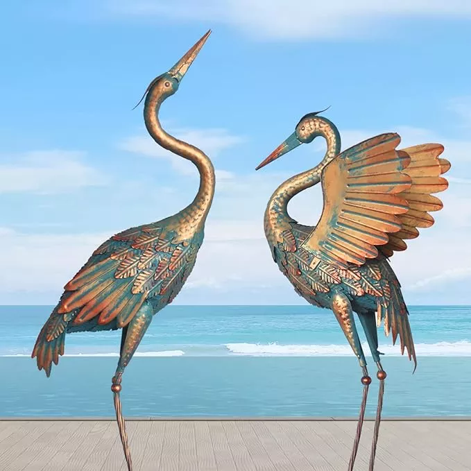 33-37-inch-metal-crane-garden-statue-d-cor-bird-heron-garden-sculpture-statues-o 33-37 Inch Metal Crane Garden Statue Décor, Bird Heron Garden Sculpture & Statues, Outdoor Decoration for Yard Pond Lawn Backyard Pool, Vintage Spread Wings Crane, Set of 2 Copper…