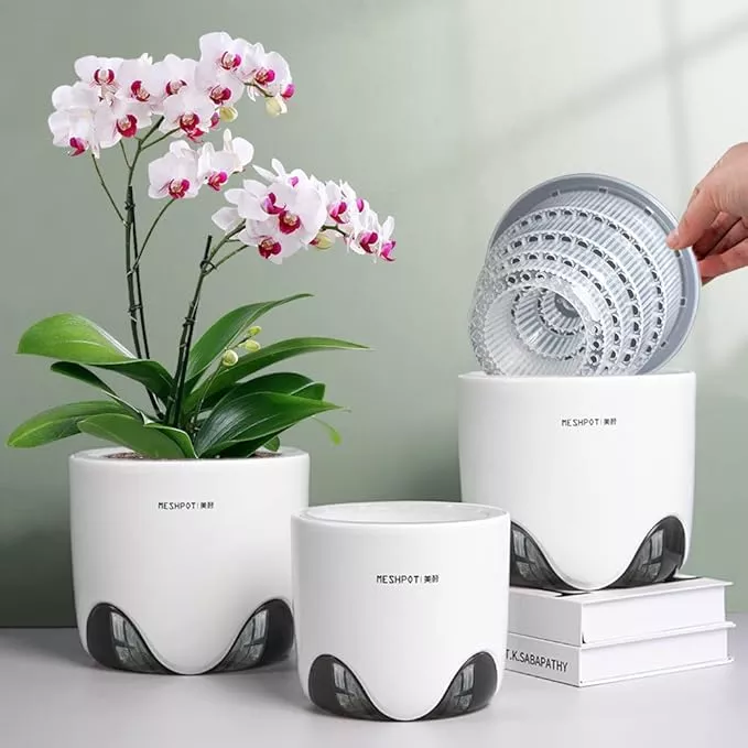 4-inch-orchid-pot-with-holes-repotting-double-layer-plastic-imitate-ceramic-plan 4 inch Orchid Pot with Holes for Repotting, Double Layer Plastic Imitate Ceramic Planter, Clear Orchid Pot Match Decorative Container