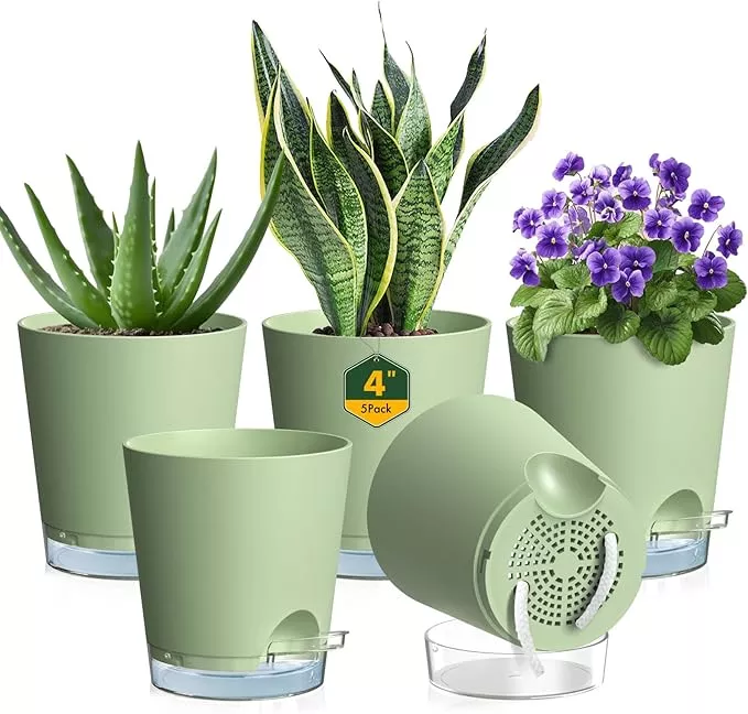 4-inch-self-watering-pots-indoor-plants-5-pack-small-flower-plant-pots-with-drai 4 inch Self Watering Pots for Indoor Plants, 5 Pack Small Flower Plant Pots with Drainage Holes and Clear Reservoirs, Visible Water Level, Plastic Planters with Wicking Rope, White