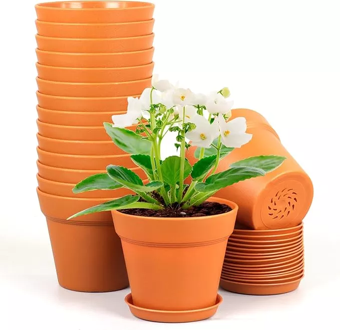 4 inch Small Plastic Nursery Pots, Seedling Pots, 16 Pack Plant Pots for Indoor Outdoor Plants, Flower Pots with Drainage Holes and Saucers, Decorative Planters for House Plants, Black