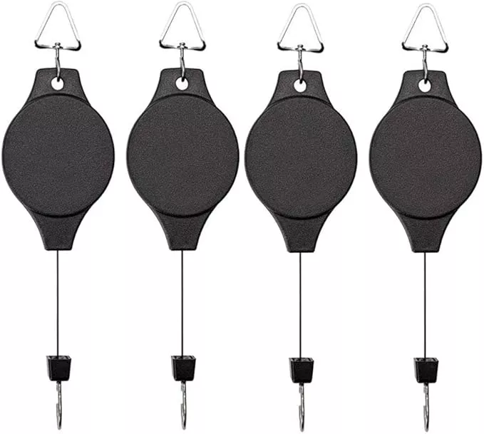 4 Pack Plant Hook Pulley, Retractable Plant Hanger Easy Reach Hanging Flower Basket for Garden Baskets Pots and Birds Feeder Hang High up and Pull Down to Water Or Feed