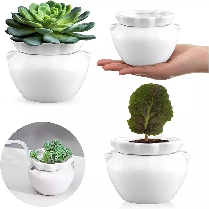 4-set-4-inch-african-violet-pots-self-watering-white-ceramic-planter-highly-abso 4 Set 4 Inch African Violet Pots Self Watering White Ceramic Planter Highly Absorbent Inner Planter Pot for Indoor Plants Plant Lovers Ideal Plant Pot Thriving Plant Flower Maintenance