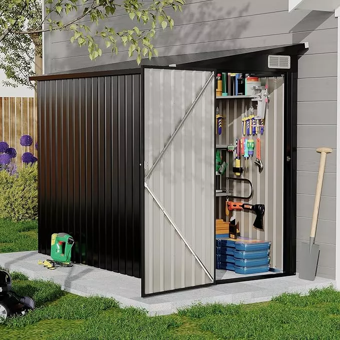 4x8-ft-metal-outdoor-lean-to-storage-shed-lean-to-garden-shed-utility-tool-shed- 4x8 FT Metal Outdoor Lean to Storage Shed, Lean to Garden Shed Utility Tool Shed, Heavy-Duty Outdoor Metal Wall Side Storage Sheds