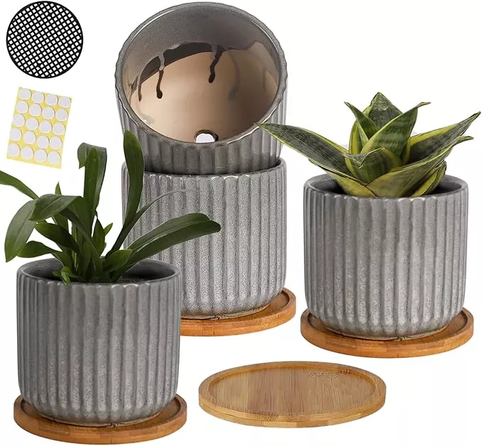 5-25-inch-ceramic-plant-pots-with-drainage-holes-trays-vertical-stripes-planter- 5.25 Inch Ceramic Plant Pots with Drainage Holes and Trays, Vertical Stripes Planter Pot with Saucers for Indoor Flowers, Succulent, Snake Plants, Cactus & Herbs, Grey-Green, Set of 4