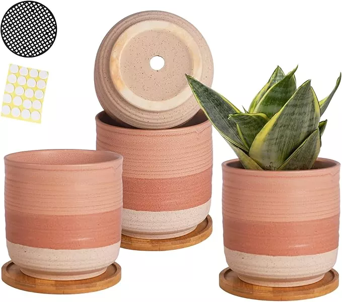 5-25-inch-ceramic-planter-pot-indoor-plants-with-drainage-holes-coarse-glazed-gr 5.25 Inch Ceramic Planter Pot for Indoor Plants with Drainage Holes, Coarse Glazed Gradient Color Flower Planter Pots with Bamboo Saucer, for Succulent, Snake Plants, Cactus & Herbs, Set of 4