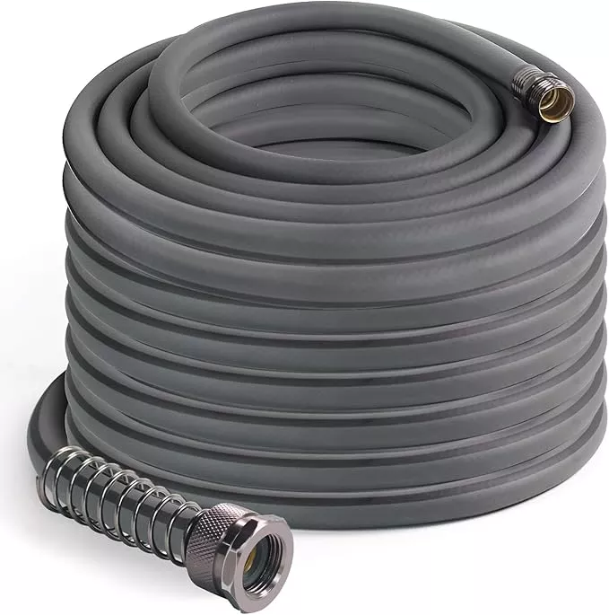 5-8-heavy-duty-garden-hose-100-ft-outdoor-hybird-water-hose-with-solid-fitting-f 5/8’’ Heavy Duty Garden Hose 100 ft – Outdoor Hybird Water Hose with Solid Fitting - Flexible, Kinkless, Lightweight Garden Hose for Lawn Watering, Car Washing - Burst 500 Psi (Grey,50 ft)