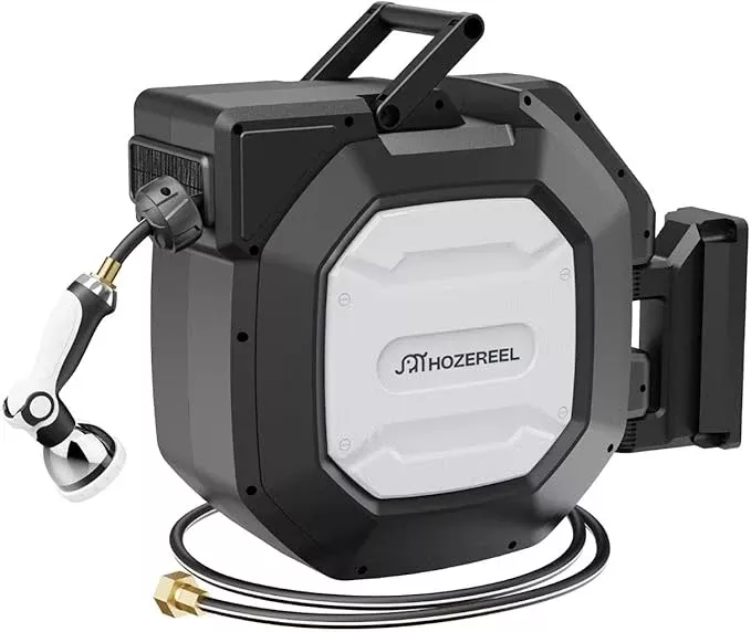 5-8-x-100-ft-heavy-duty-retractable-garden-hose-reel-by-hozereel-outdoor-garden- 5/8" x 100 ft Heavy Duty Retractable Garden Hose Reel by HOZEREEL, Outdoor Garden Hose Reels - Self Retract Wall Mount Hose Reel Automatic Storage, 10 Pattern Nozzle, Grey