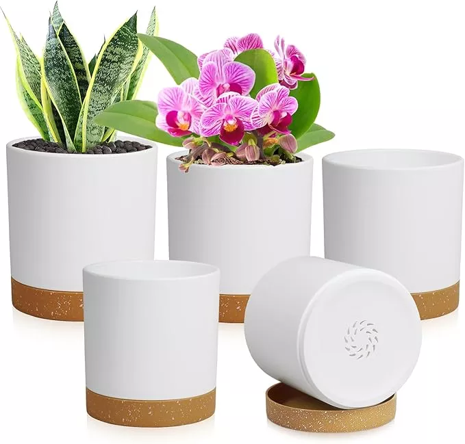 5-pack-cylindrical-flower-pots-with-7-6-5-6-5-4-inch-modern-small-plastic-plant- 5 Pack Cylindrical Flower Pots with 7/6.5/6/5/4 inch, Modern Small Plastic Plant Pots with Drainage Holes & Saucers, Round Planter Pots for Outdoor, Indoor & Office Decor (Black Brown)