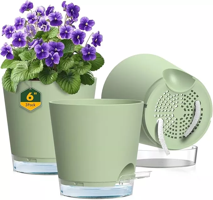 6-inch-self-watering-pots-indoor-outdoor-plants-3-pack-flower-plant-pots-with-dr 6 inch Self Watering Pots for Indoor Outdoor Plants, 3 Pack Flower Plant Pots with Drainage Holes and Clear Reservoirs, Visible Water Level, Plastic Planters with Wicking Rope, White