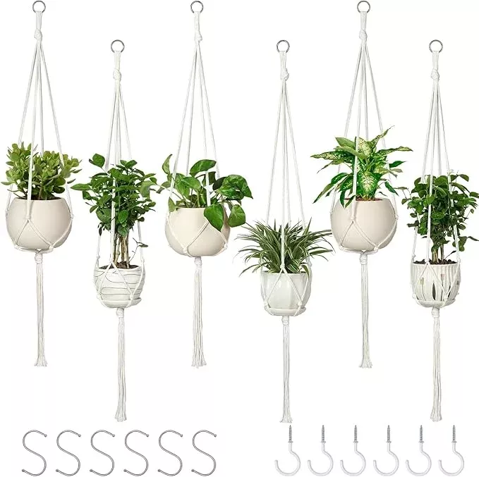 6-pack-macrame-plant-hanger-indoor-hanging-planters-indoor-outdoor-plants-with-6 6 Pack Macrame Plant Hanger Indoor Hanging Planters for Indoor Outdoor Plants with 6 S Hooks and 6 Hook Nails, Hanging Plant Holder 43" Boho Home Decor,Ivory
