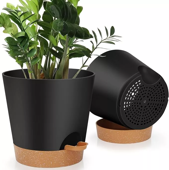 8-inch-plant-pots-self-watering-planters-with-drainage-holes-saucers-indoor-outd 8-Inch Plant Pots, Self-Watering Planters with Drainage Holes & Saucers for Indoor and Outdoor Plants (2-Pack, Green)