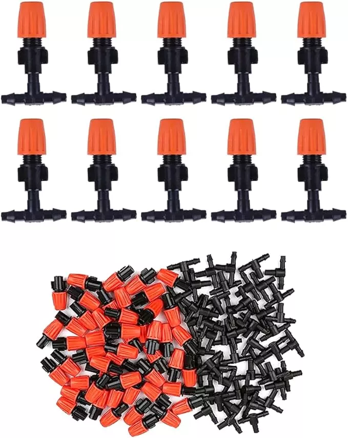 80pcs-1-4-inch-adjustable-irrigation-microspray-emitter-three-way-atomizing-nozz 80PCS 1/4" Inch Adjustable Irrigation Microspray Emitter Three Way Atomizing Nozzle with Tee Connector Drip Irrigation Accessory for Garden Lawn Flower Bed Irrigation System Watering