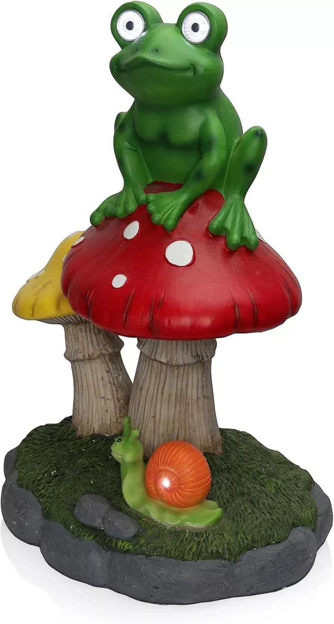 alpine-corporation-zen390slr-l-frog-on-mushroom-statue-with-led-lights-solar-pow Alpine Corporation ZEN390SLR-L Frog on Mushroom Statue with LED Lights, Solar-Powered LED Frog Garden Statue, 24" H, Green