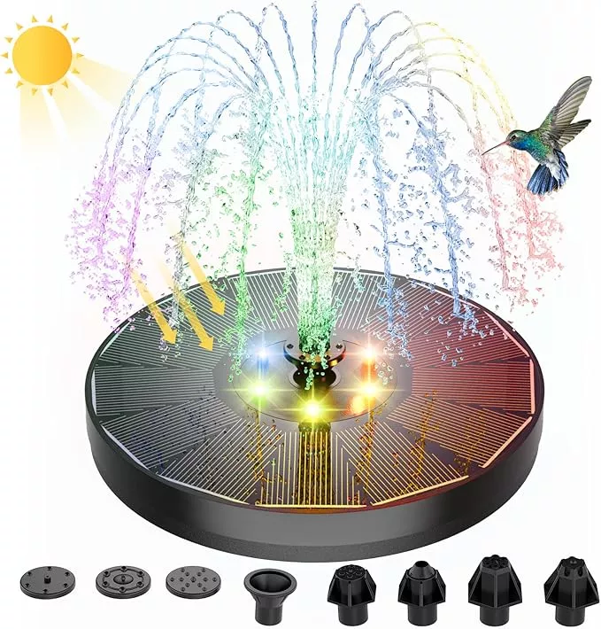 alukiki-solar-powered-fountain-4w-bird-bath-fountains-pump-upgraded-glass-panel- ALUKIKI Solar Powered Fountain 4W Bird Bath Fountains Pump Upgraded Glass Panel Fountains with Color LED Lights 7 Nozzles & 4 Fixers for Garden Small Pond Outdoor Swimming Pool Fish Tank