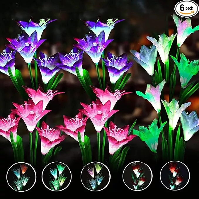 angmln-6-pack-solar-flowers-lights-24-bigger-head-solar-lily-flowers-7-color-cha ANGMLN 6 Pack Solar Flowers Lights,24 Bigger Head Solar Lily Flowers, 7 Color Changing Pathway Lamps for Garden Patio Yard Party Wedding Holiday Outdoor Garden Stake Decoration (Purple2&White2&Pink2)