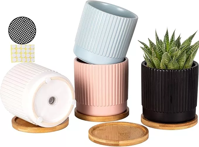 aomryom-4-25-inch-ceramic-plant-pots-with-drainage-holes-trays-small-flower-plan AOMRYOM 4.25 Inch Ceramic Plant Pots with Drainage Holes and Trays, Small Flower Planters Home Decor for Indoor Plants, Succulents, Cactus, Herbs, Multi-Color Stripe, 4 Packs (Plant Not Included)
