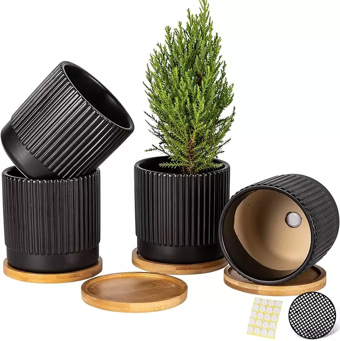 aomryom-4-25-inch-small-garden-ceramic-plant-pots-with-drainage-holes-tray-moder AOMRYOM 4.25 Inch Small Garden Ceramic Plant Pots with Drainage Holes and Tray, Modern Flower Planter Pots for Indoor Plants, Succulent, Cactus and Herbs, Black Stripe, Set of 4 (Plant Not Included)