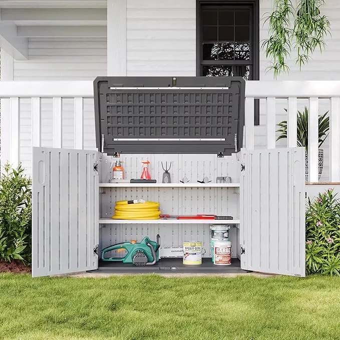 Aoxun White Outdoor Storage Cabinet with 2 Shelves, 35 Cu.Ft Trash Can Storage Shed, Waterproof, Horizontal Storage for Garbage Bin, Generator, Lawn Mower