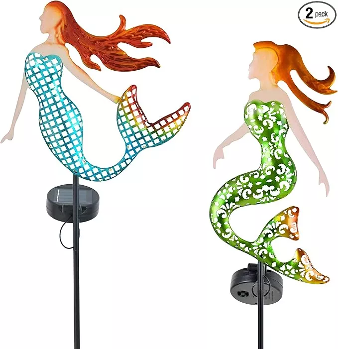 arter-solar-garden-stake-lights-metal-mermaids-ocean-nautical-outdoor-waterproof ARTER Solar Garden Stake Lights, Metal Mermaids Ocean Nautical Outdoor Waterproof Solar Pathway Lights with 3.6 Feet 22 LED Fairy Lights for Yard Patio Lawn Poolside, 37 Inches Tall (Pack of 2)