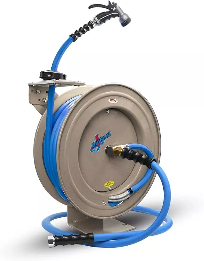 auto-retractable-water-hose-reel-with-hot-cold-water-rubber-garden-hose-spray-no Auto Retractable Water Hose Reel with Hot & Cold Water Rubber Garden Hose, Spray Nozzle - Ultra Light, Super Strong with 6' Lead-in Hose (1/2" x 50' Stainless Steel)