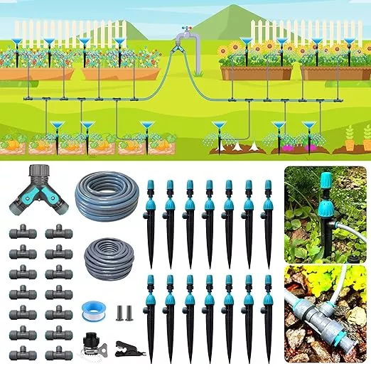 automatic-drip-irrigation-kits-with-y-type-distribution-tubing-14-drip-spray-int Automatic Drip Irrigation Kits with Y-Type Distribution Tubing, 14 Drip and Spray Integrated Nozzles, 33ft PE Main Tube, and 33ft PVC Branch Tubing for Garden, Patio, and Greenhouse