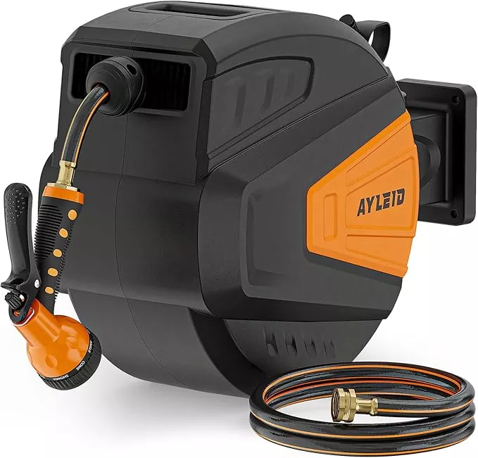 ayleid-retractable-garden-hose-reel-1-2-in-x-100-ft-wall-mounted-hose-reel-with- Ayleid Retractable Garden Hose Reel,1/2 in x 100 ft Wall Mounted Hose Reel, with 9- Function Sprayer Nozzle, Any Length Lock/Slow Return System/Wall Mounted/180°Swivel Bracket (Grey)