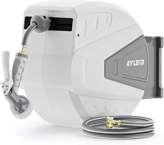 ayleid-retractable-garden-hose-reel-1-2-in-x-130-ft-wall-mounted-hose-reel-with- Ayleid Retractable Garden Hose Reel,1/2 in x 130 ft Wall Mounted Hose Reel, with 9- Function Sprayer Nozzle, Any Length Lock/Slow Return System/Wall Mounted/180°Swivel Bracket (Black)