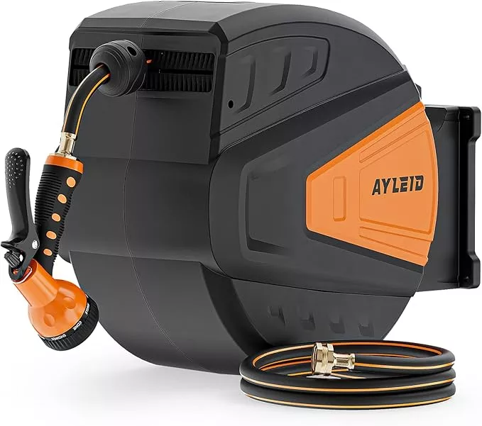 ayleid-retractable-garden-hose-reel-5-8-in-x-100-ft-wall-mounted-hose-reel-with- Ayleid Retractable Garden Hose Reel,5/8 in x 100 FT Wall Mounted Hose Reel, with 9- Function Sprayer Nozzle, Any Length Lock/Slow Return System/Wall Mounted/180°Swivel Bracket (Grey)