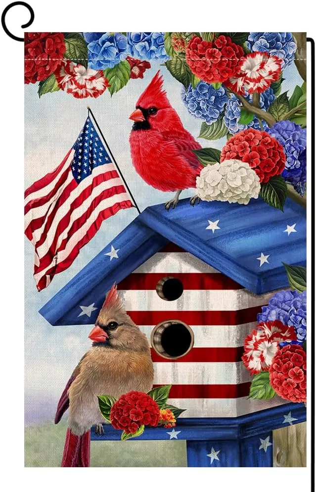 blkwht-4th-july-cardinal-bird-garden-flag-12x18-vertical-double-sided-red-blue-f BLKWHT 4th of July Cardinal Bird Garden Flag 12x18 Vertical Double Sided Red Blue Floral Memorial Day Independence Day Holiday Outside Decorations Burlap Yard Flag BW824