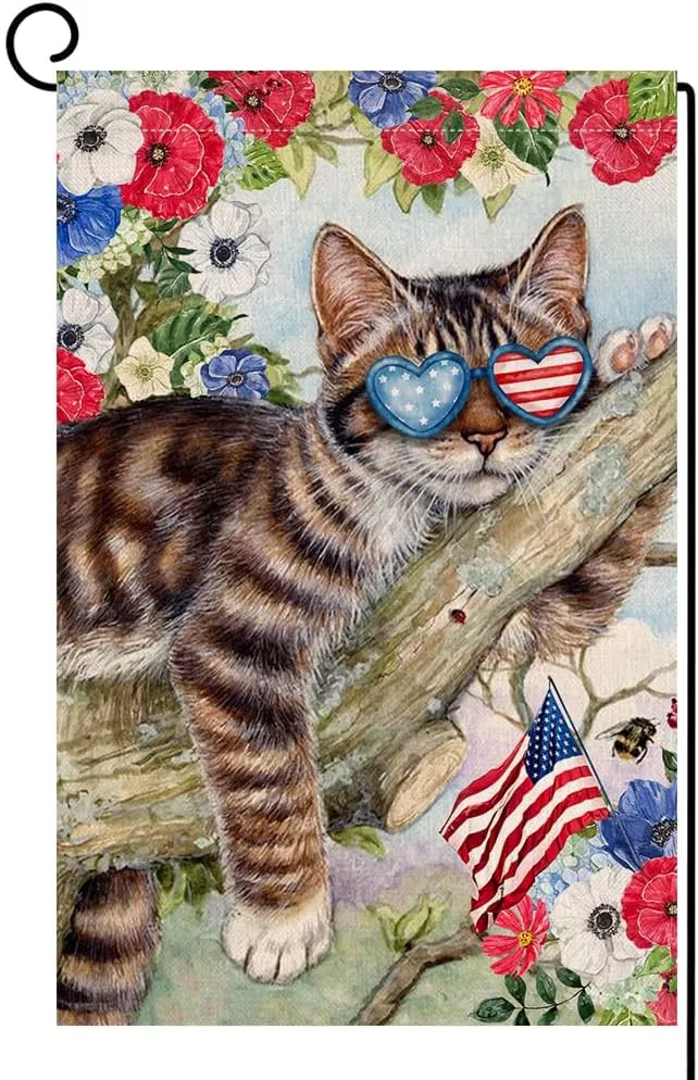 blkwht-4th-july-cat-garden-flag-12x18-vertical-double-sided-red-blue-floral-memo BLKWHT 4th of July Cat Garden Flag 12x18 Vertical Double Sided Red Blue Floral Memorial Day Independence Day Holiday Outside Decorations Burlap Yard Flag BW823