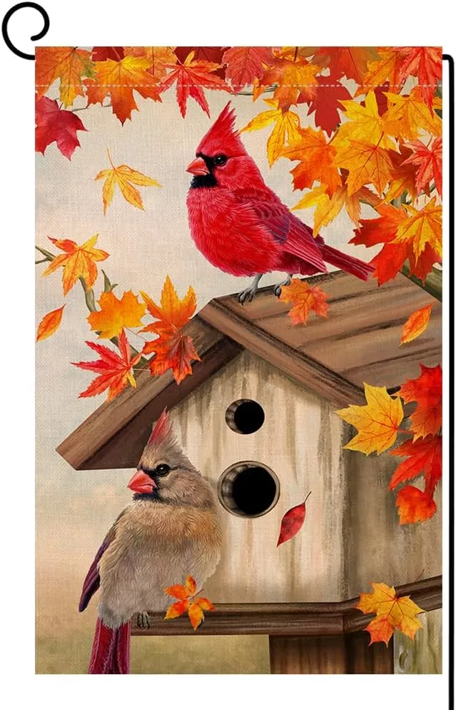 blkwht-fall-cardinal-bird-garden-flag-12x18-vertical-double-sided-maple-leaves-w BLKWHT Fall Cardinal Bird Garden Flag 12x18 Vertical Double Sided Maple Leaves Welcome Autumn Thanksgiving Holiday Outside Decorations Burlap Yard Flag BW829