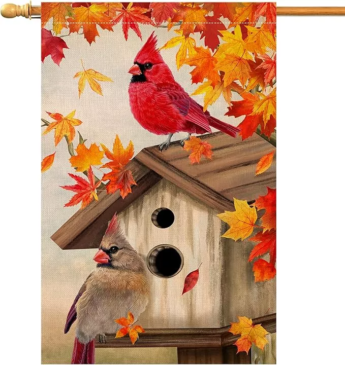 blkwht-fall-cardinal-bird-house-flag-28x40-vertical-double-sided-maple-leaves-we BLKWHT Fall Cardinal Bird House Flag 28x40 Vertical Double Sided Maple Leaves Welcome Autumn Thanksgiving Holiday Outside Decorations Burlap Yard Flag BW829-40