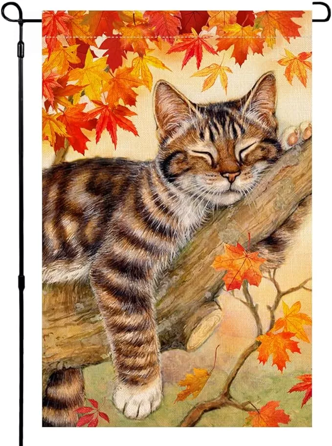 blkwht-fall-cat-garden-flag-12x18-vertical-double-sided-autumn-leaves-thanksgivi BLKWHT Fall Cat Garden Flag 12x18 Vertical Double Sided Autumn Leaves Thanksgiving Holiday Outside Decorations Burlap Yard Flag BW699