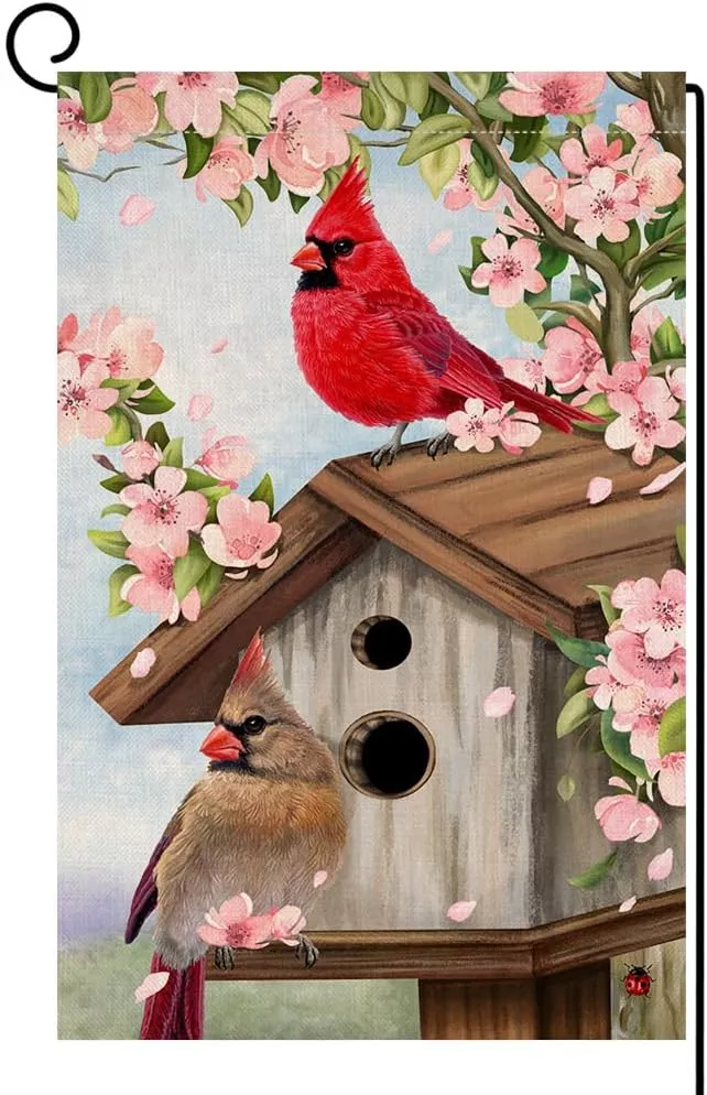 blkwht-spring-cardinal-bird-garden-flag-12x18-vertical-double-sided-pink-flowers BLKWHT Spring Cardinal Bird Garden Flag 12x18 Vertical Double Sided Pink Flowers Tree Summer Farmhouse Holiday Outside Decorations Burlap Yard Flag BW792