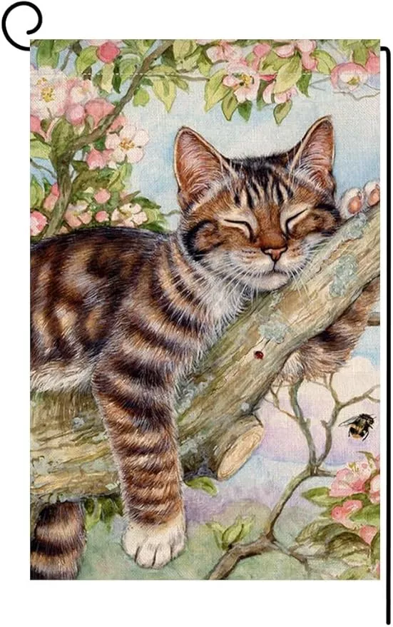 blkwht-spring-cat-garden-flag-12x18-vertical-double-sided-pink-floral-farmhouse- BLKWHT Spring Cat Garden Flag 12x18 Vertical Double Sided Pink Floral Farmhouse Holiday Outside Decorations Burlap Yard Flag BW573