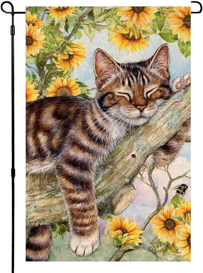 blkwht-summer-cat-garden-flag-12x18-inches-double-sided-outside-sunflower-burlap BLKWHT Summer Cat Garden Flag 12x18 Inches Double Sided for Outside, Sunflower Burlap Small Seasonal Yard Flag for Outdoor Decor BW640