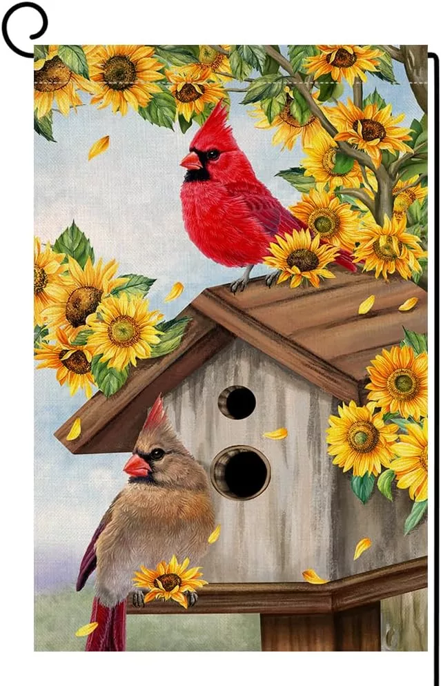 blkwht-summer-sunflowers-cardinal-bird-garden-flag-12x18-vertical-double-sided-y BLKWHT Summer Sunflowers Cardinal Bird Garden Flag 12x18 Vertical Double Sided Yellow Flowers Spring Farmhouse Holiday Outside Decorations Burlap Yard Flag BW815