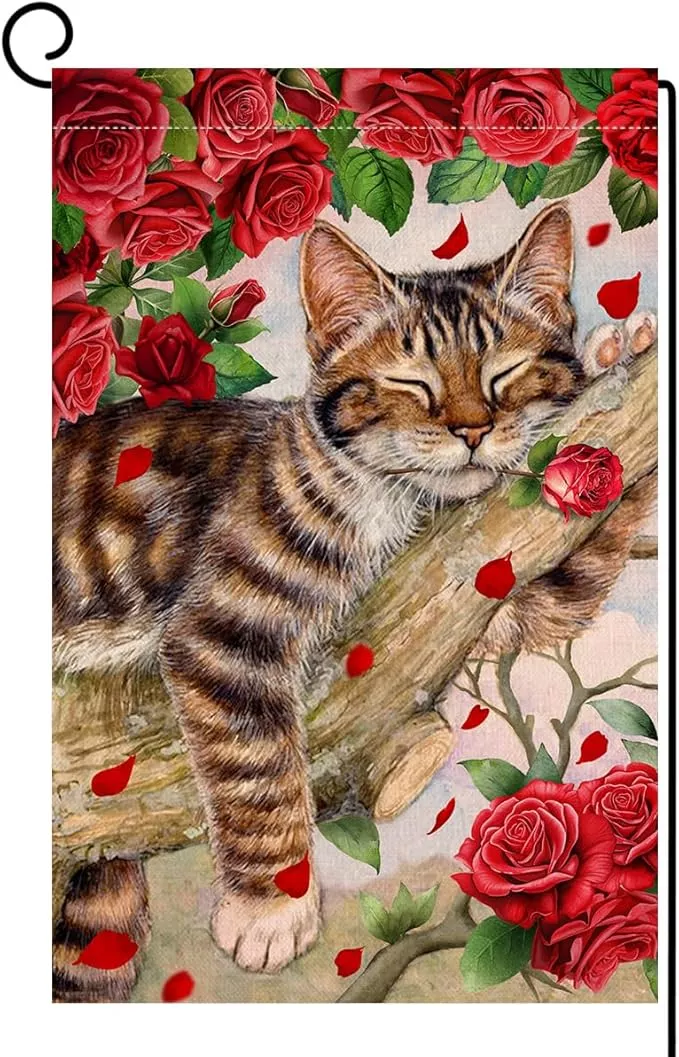 blkwht-valentines-cat-garden-flag-12x18-vertical-double-sided-red-roses-spring-f BLKWHT Valentines Cat Garden Flag 12x18 Vertical Double Sided Red Roses Spring Farmhouse Holiday Outside Decorations Burlap Yard Flag BW757