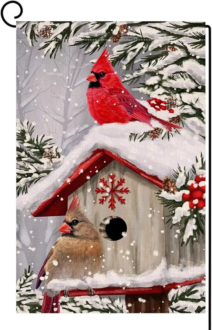 blkwht-winter-cardinal-bird-garden-flag-12x18-vertical-double-sided-trees-snow-c BLKWHT Winter Cardinal Bird Garden Flag 12x18 Vertical Double Sided Trees Snow Christmas Holiday Outside Decorations Burlap Yard Flag BW735