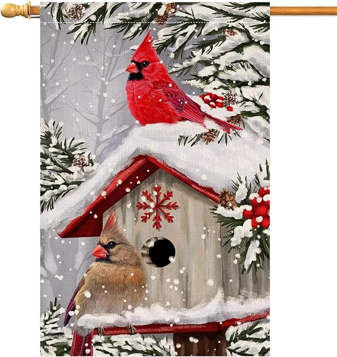 blkwht-winter-cardinal-bird-house-flag-28-x-40-vertical-double-sided-trees-snow- BLKWHT Winter Cardinal Bird House Flag 28 x 40 Vertical Double Sided Trees Snow Christmas Holiday Outside Decorations Burlap Yard Flag BW735-40