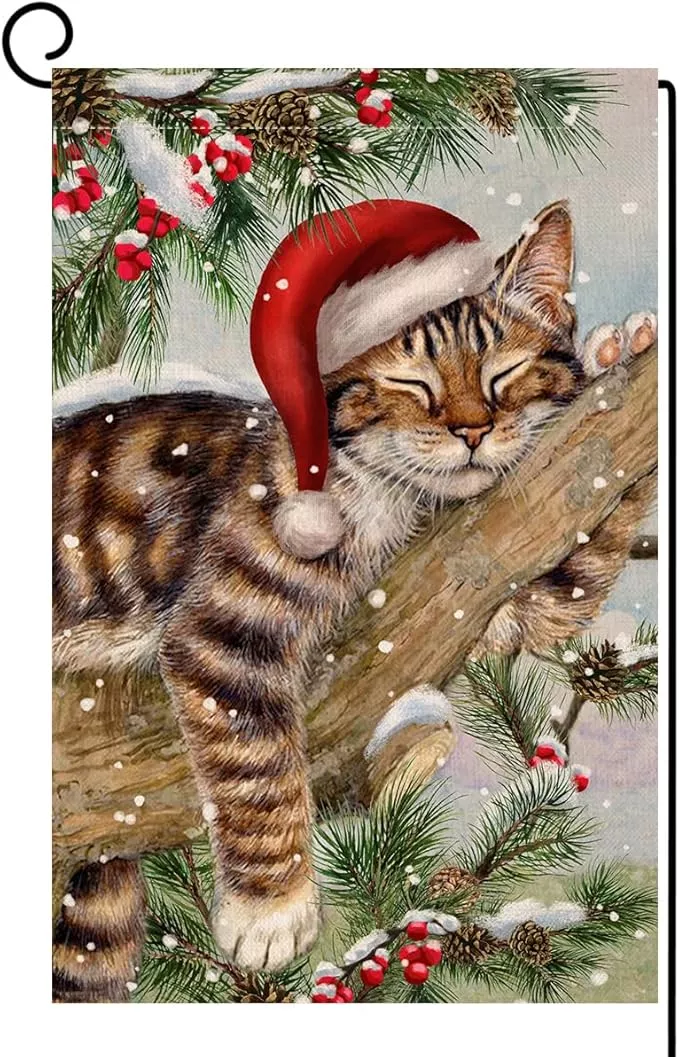 blkwht-winter-cat-garden-flag-12x18-vertical-double-sided-christmas-holiday-outs BLKWHT Winter Cat Garden Flag 12x18 Vertical Double Sided Christmas Holiday Outside Decorations Burlap Yard Flag BW738