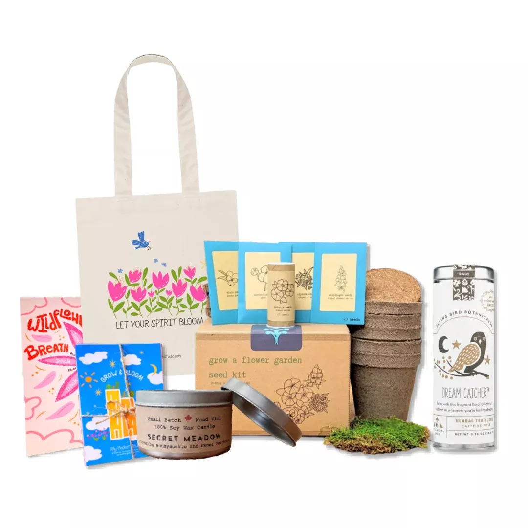 blooming-bright-growing-gift-box-flower-garden-kit-soy-candle-honeysuckle-patcho "Blooming Bright" Growing Gift Box: Flower Garden Kit, Soy Candle (Honeysuckle + Patchouli), Tulip Tote Bag, Wildflower Meditation Card, "Dream Catcher" Floral Tea, Pocket Journal